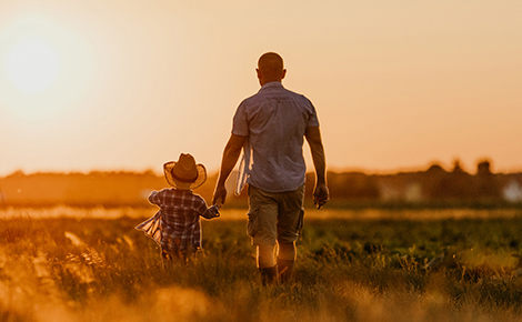Father and child walking through a field at sunset.